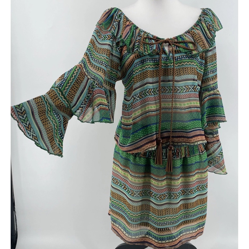 Ciel USA Western‎ Boho Mini Dress Women's Medium Ruffle Faux Leather Fringe Tie